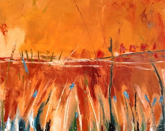 Abstract olieverfschilderij met paletmes op linnen doek op een spieraam: "Tussen de stralen"