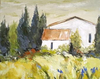 Paysage de Provence, Peinture figurative, peinture à l'huile au couteau sur toile de lin : "Des senteurs de Provence  "