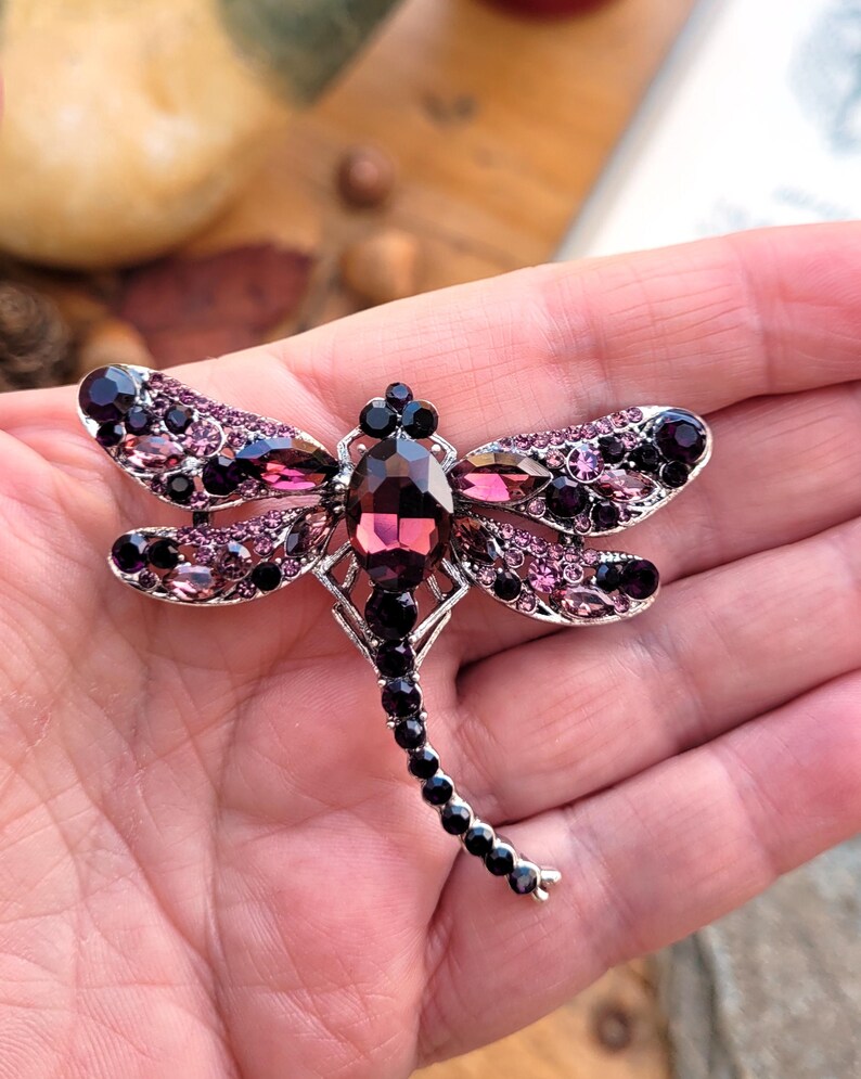 May include: A dragonfly brooch featuring a silver-tone metal frame encrusted with various shades of purple and dark violet crystals. The central body is composed of a large oval purple stone, while the wings are detailed with smaller faceted gems.