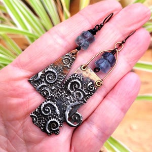 Asymmetrical, nomadic earrings with fluorite beads and Inca-style pewter charms: "Lament of Spring" image 4