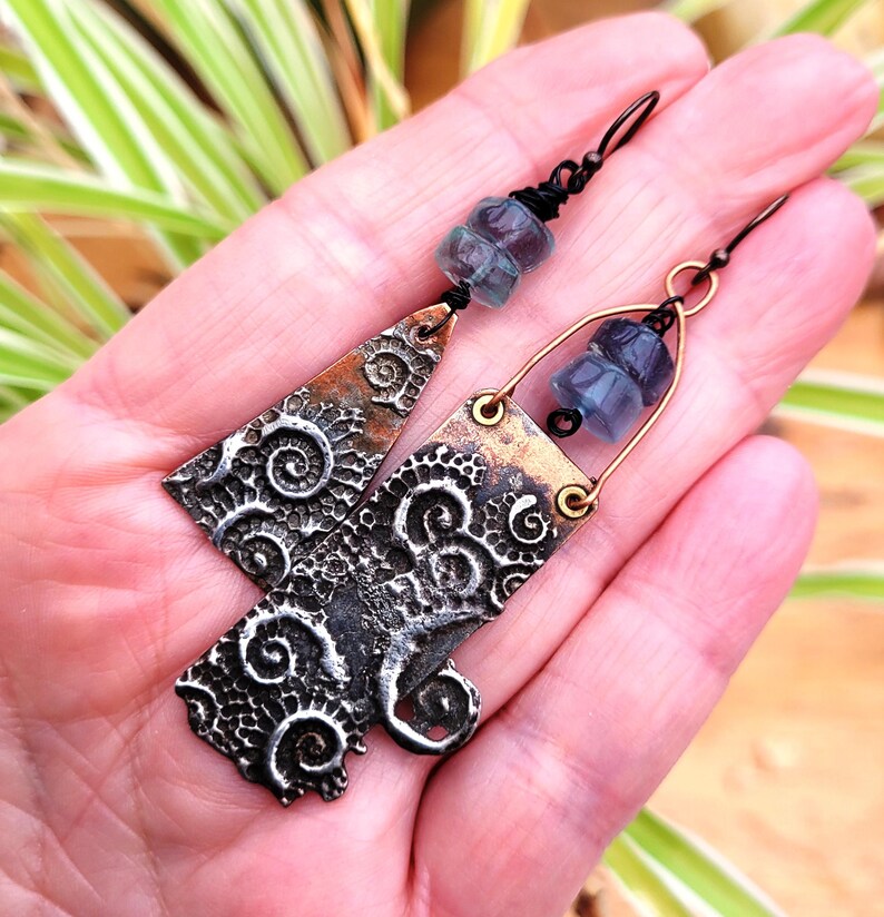 Asymmetrical, nomadic earrings with fluorite beads and Inca-style pewter charms: "Lament of Spring" image 4