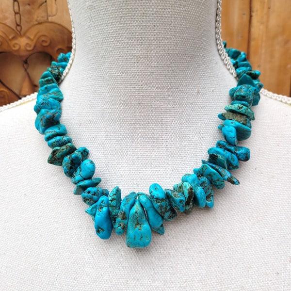 Unisex African style necklace with decreasing turquoise nuggets: "Sensory Vocabulary"