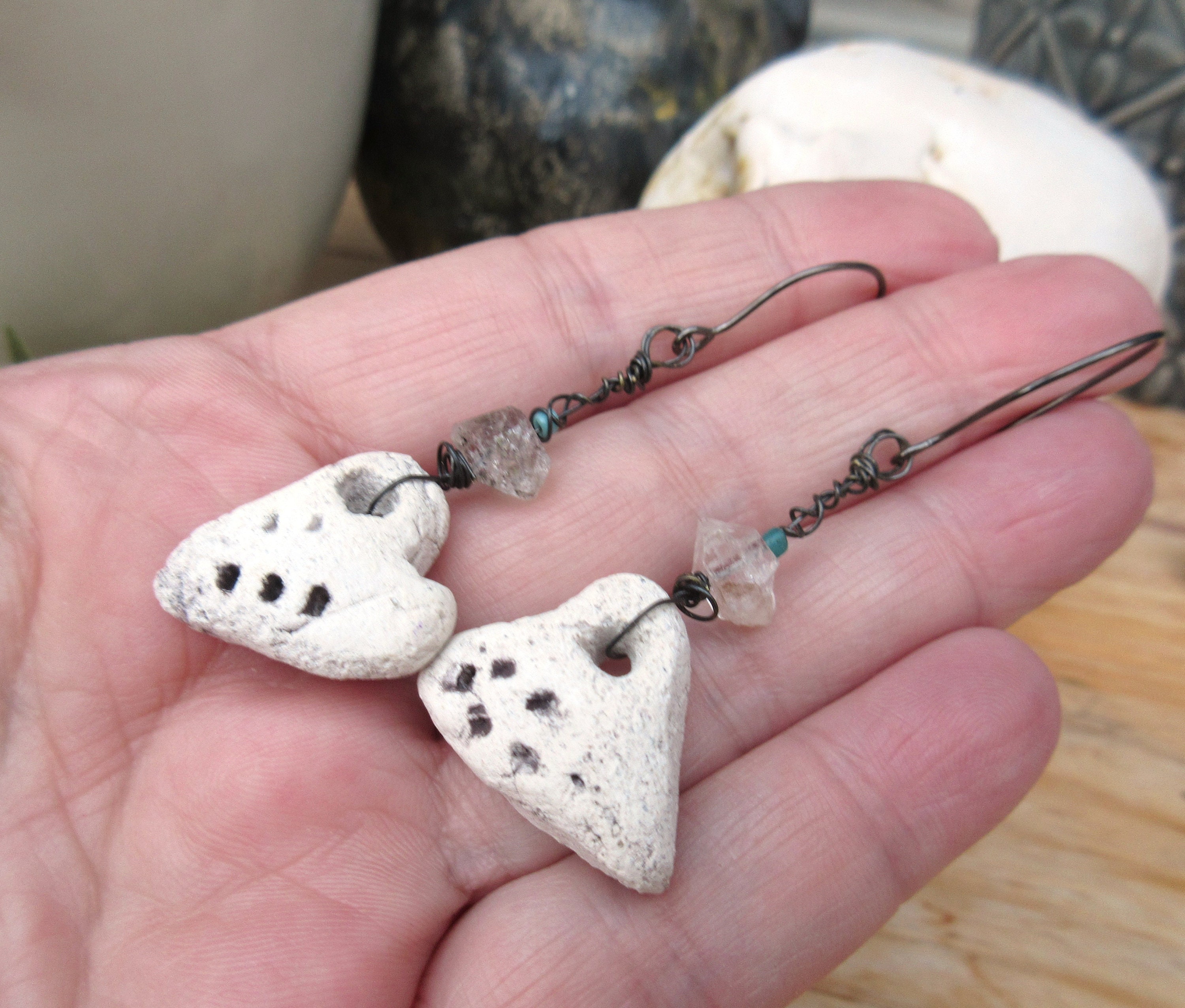 Handmade ceramic hearts with herkimer diamond for these romantic earrings: "Infinite Tenderness" ...