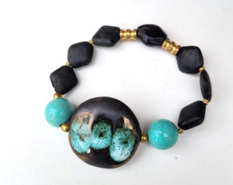 A tribal boho chic ethnic style bracelet with artisanal ceramic bead, turquoise sleeping beauty: “Meeting With Time"” !!!!