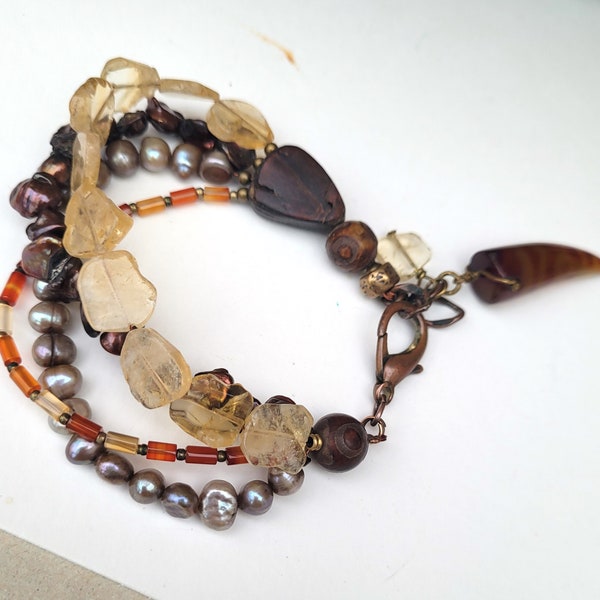 Un bracelet poétique, 4 rangs, pour les romantiques avec agate, citrine, perles fines baroques, cornaline !!!! : "Senteurs Des Sables"