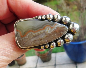 925 sterling silver vintage ring: a beautiful agate agua nueva cabochon ....