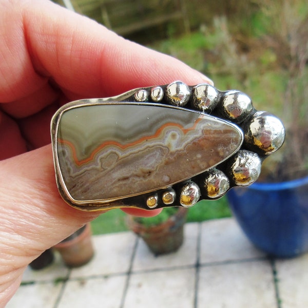 Bague Vintage En Argent Massif Avec Cabochon D'agate Verte - Taille 52 (US 12) - Occasion