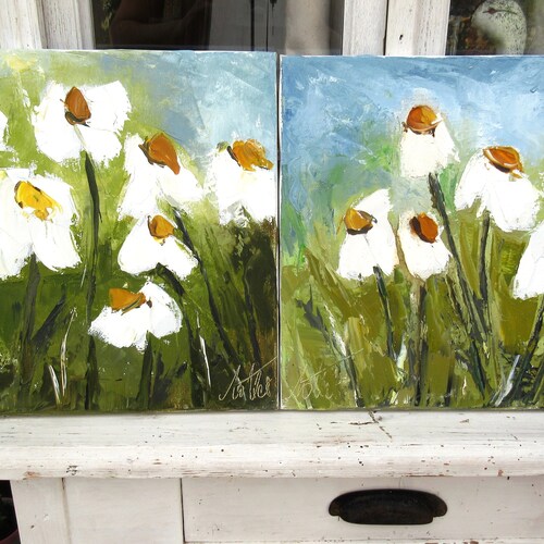 Floral painting - wild flowers - stylized daisies - oil with a shops knife on linen canvas on stretcher: 