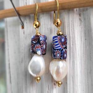 Tribal earrings with antique Venetian Millefiori beads, fine baroque pearls: "A Tender Love" image 5