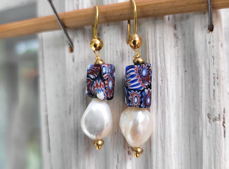 Tribal earrings with antique Venetian Millefiori beads, fine baroque pearls: "A Tender Love" image 5