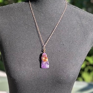 Amethyst Spiral Necklace: Flame Copper Wire Wrapped Pendant