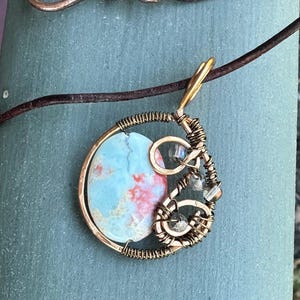 African Opal Jasper and Labradorite Pendant Necklace: Copper Wire Wrapped on Leather Cord