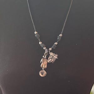 Smoky Quartz and Dichroic Glass Pendant Necklace: Blue Leather Cord with Handmade Copper Spirals