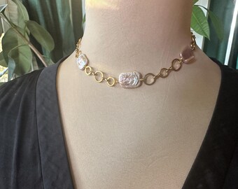Keshi Pearl Choker Necklace • 18K Gold Plated • Baroque Pearl Chain Necklace • Layering Pearl Choker • Minimalist Gold Pearl Jewelry