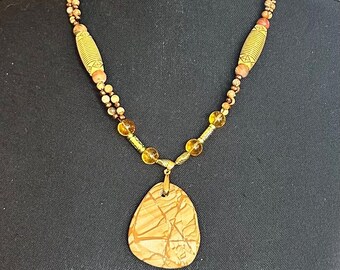 Handmade Picture Jasper Pendant Necklace: Citrine Accent, 22” Double Strand