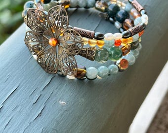 Bracelet Stack – Filigree Flower Wrap with Burmese Jade, Moss Agate & Carnelian – Earthy Boho Gemstone Jewelry