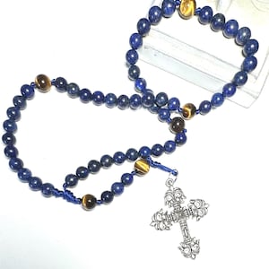 Handmade Lapis Lazuli Rosary: Tiger&#39;s Eye, Fleur de Lis Cross