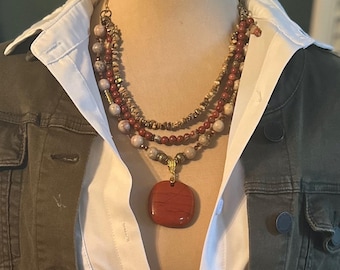 Boho Red Jasper Pendant Layered Necklace: Multi-Strand Gemstone Statement Jewelry