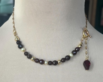 Garnet Lariat Necklace, Gold Chain Necklace, Vintage Czech Glass Pendant, January Birthstone Jewelry, Handmade Statement Necklace
