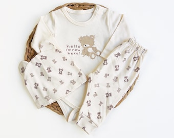 Baby Bodysuit & Pants set "I Am New Here" Teddy Bear 100% Cotton