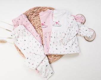 Ribbed Cotton Baby Girl Tunic Set - Flowers