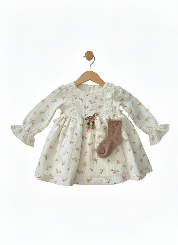 Floral Muslin Baby Girl Dress: Cotton Outfit with Socks