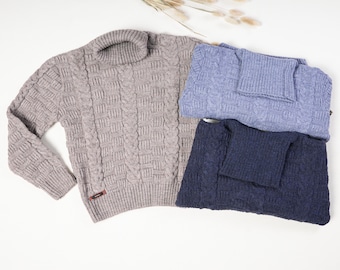 Boys Cable Knit Turtleneck Sweater: Wool Blend Winter Pullover