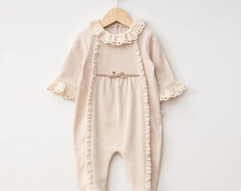 Cream Cotton Baby Girl One Piece Outfit: Cotton Lace Detail Top & Romper Footie
