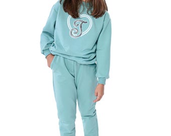 Girls Cotton Crewneck Jogger Set: Silver Embroidery, Toddler Outfit