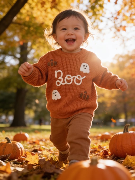 Kids Halloween Fall Boo Pumpkins Ghost Sweater: Orange Cream Embroidered Knit Unisex