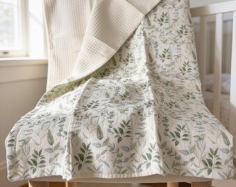 Organic Cotton Reversible Baby Blanket: Natural Colors, Botanical design, Soft, Breathable
