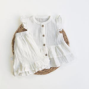 Girls Muslin Set &quot;Ava&quot; 100% Muslin Cotton Girls Set Beige White Button Down Top and Shorts Cute Set for Baby Girl Toddler Girl Gift Set