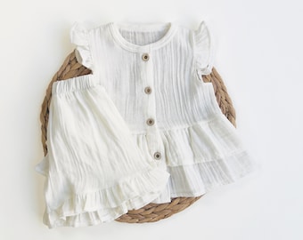 Muslin Baby Girl Set: Ruffle Top and Shorts, Beige or White