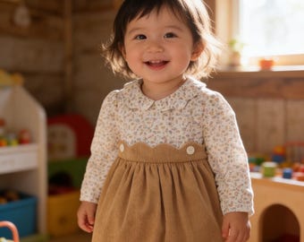 Corduroy Floral Vintage Style Natural Cotton Dress for Girls
