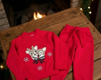 Knit Toddler Outfit: Wool Sweater & Pants Set with Reindeer for Christmas
