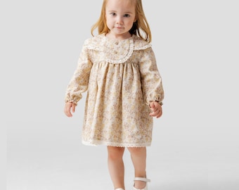 Beige Floral Vintage Style Natural Cotton Dress for Girls with Lace