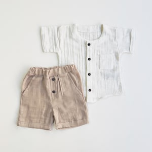 Boys Muslin Shirt and Shorts Set: Beige & White Cotton Outfit