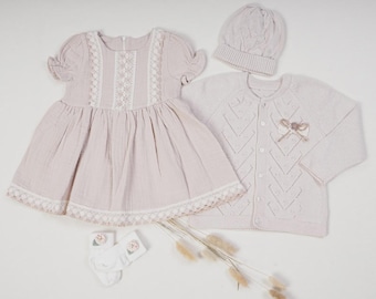 Muslin Baby Dress Set: Floral Embroidery, Cardigan & Tights