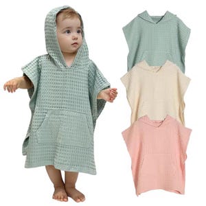 Organic Cotton Waffle Kids Poncho Hooded Towel: Pool, Beach, Bathroom in 3 colors