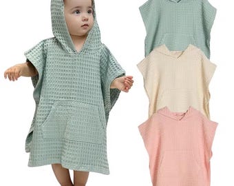 Organic Cotton Waffle Kids Poncho Hooded Towel: Pool, Beach, Bathroom in 3 colors