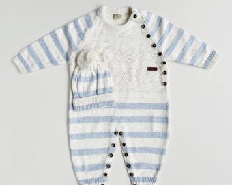 Cotton Knit Baby Jumpsuit with Beanie: Buttoned Outfit Cream Blue