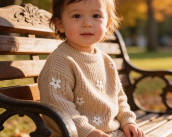 Kids Flowers Bloom Cotton Sweater: Pink Beige White Embroidered Knit