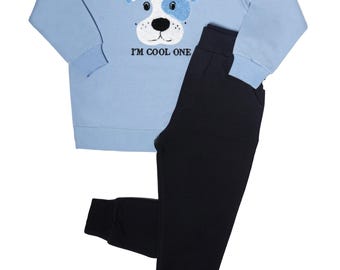 Toddler Boy Cotton Outfit: "One" Crewneck & Jogger Set