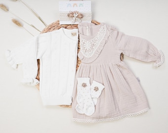 Muslin Baby Dress with Cardigan Set: Natural Cotton Flower Girl Outfit