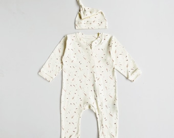 Baby Romper "Feather" Organic Cotton Cream One Piece set with Hat