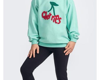 Girls' Cotton Crewneck & Joggers Set: Silver Embroidered Cherry Outfit