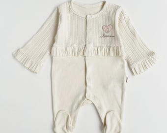 Cream Cotton Baby Girl One Piece Outfit: Button Down heart Embroidery Detail Footie