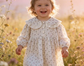 Cream Brown Floral Vintage Style Natural Muslin Cotton Dress for Girls with Lace