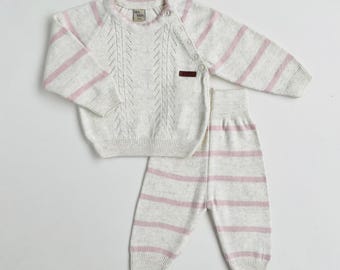 Cotton Baby Knit Set: Striped Sweater & Joggers Cream Pink