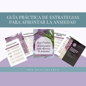 May include: A set of printable guides on a purple background. The guides are titled "Guía Práctica de Estrategias para Afrontar la Ansiedad" and cover topics such as "Afrontamiento expresivo" and "Afrontamiento centrado en las emociones". Available as a PDF download.